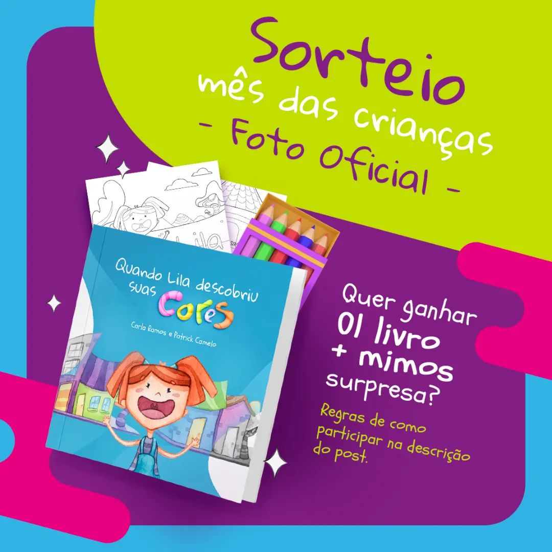 💫 Sorteio Foto Oficial 💫
CHEGOU O MÊS DAS CRIANÇAS! E temos uma surpresa: sorteio!!
.
Prêmios ⬇️
O livro "Quando Lila descobriu suas cores" + alguns mimos.
Regras:
1️⃣Marcar 3 amigos nos comentários
2️⃣Seguir nosso perfil @mundinhodelila
3️⃣Deixar o perfil desbloqueado no dia do sorteio para conferência das regras.
4️⃣Compartilhar esta foto nos stories e marcar o perfil @mundinhodelila
✅ E pronto já está concorrendo.
.
⚠ Não vale marcar fakes, lojas, fã clubes e celebridades. Nosso sorteio será realizado dia 12/10, no Dia das Crianças, aqui no instagram. Lembre-se: Quanto mais você comentar, mais chances você tem de ganhar, mas sem repetir o nome dos amiguinhos!